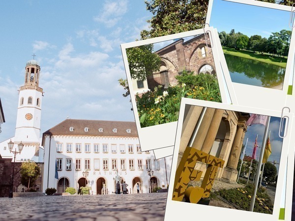 Platz mit historischen Gebäuden und eingefügten Fotos